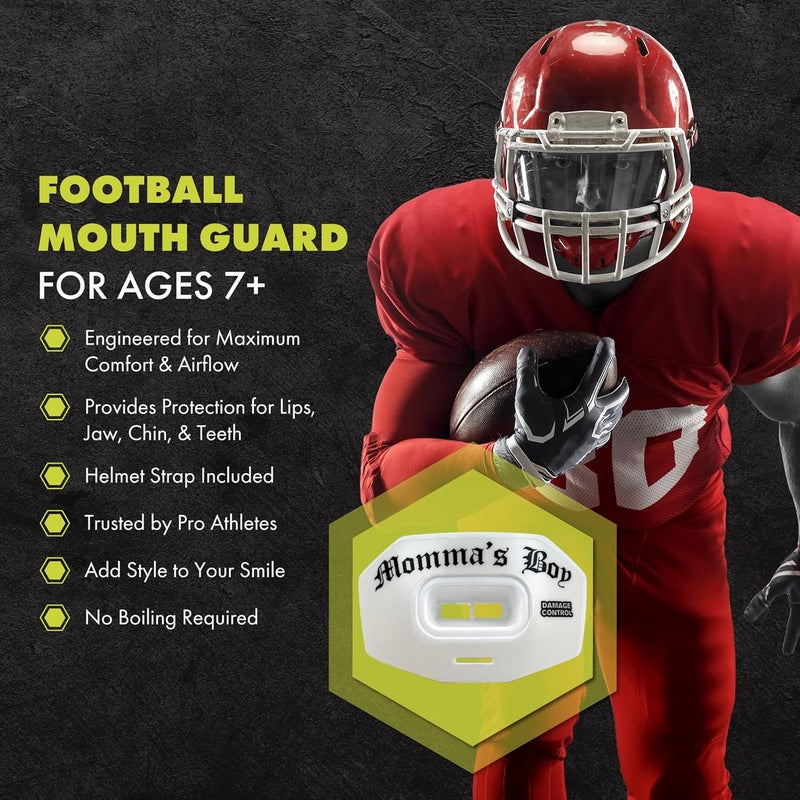 DAMAGE CONTROL Youth Football Mouth Guard – Breathable No Boil Mouthpiece, Protects Lips & Teeth, Works with Braces, Includes Helmet Strap – Sports Gear & Accessories (Momma's Boy) - Image 2